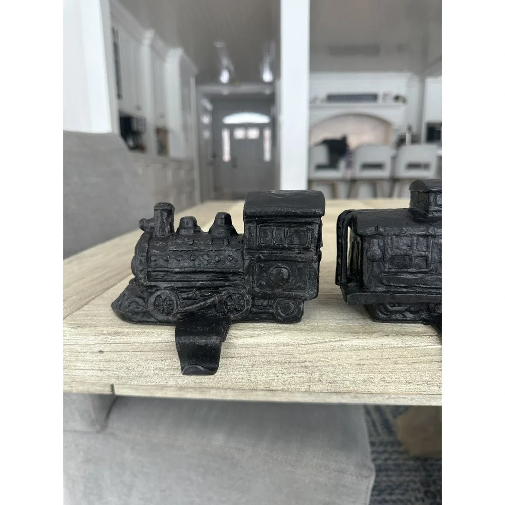 Rustic Black Cast Metal Train Stocking Holders Heavy Duty Set Of 2